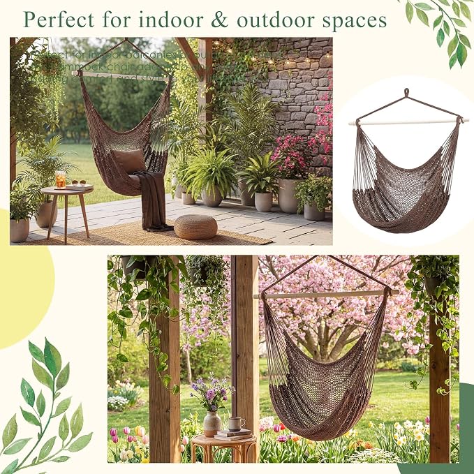 Barydat 2 Pcs Hanging Hammock Chair Boho Swing Chair Outdoor Indoor Comfy Soft Cotton Rope Weaving with 40 Inch Detachable Metal Bars for Backyard Living Room Garden, 270lb Capacity (Dark Brown)