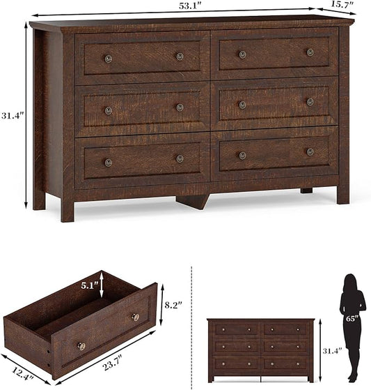 Farmhouse Dresser Nightstand Sets, 3-Piece Bedroom Furniture Set for Home | 6 Drawer Dresser Closet & 3 Drawer Nightstand Set of 2, Chest of Drawers for Bedroom, Living Room, Entryway, Dark Brown