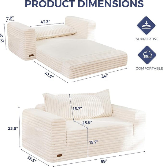 MAXYOYO Convertible Sofa Bed, 2 in 1 Folding Couch Bed for Small Space, Pull Out Loveseat Sofa Couch with Large Back Pillow, Plush Faux Fabric Lounge Couch for Living Room, Apartment, Beige