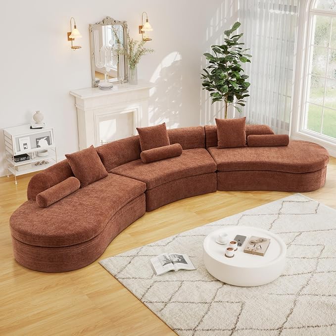 AVZEAR Curved Modular Sectional Sofa, Chenille Upholstered Cloud 6 Seater Couch for Living Room, No Assembly Modern Love Seat Sofa with 3 Bolster Pillows & 3 Square Pillows, High-Density Foam, Orange