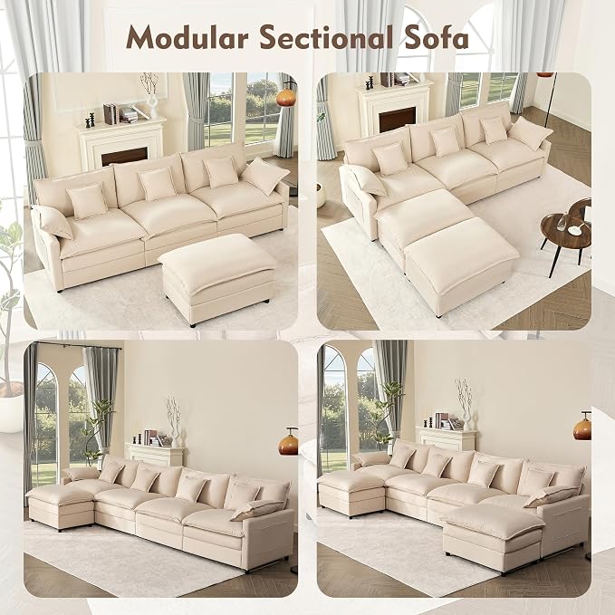 GOSUHI 108" U-Shaped Modular Cloud Couch, Deep Seat, Linen Beige | Cloud Comfort, Couches for Living Room, Removable & Machine-Washable Covers, Movable Ottoman, Modular Sectional Sofa