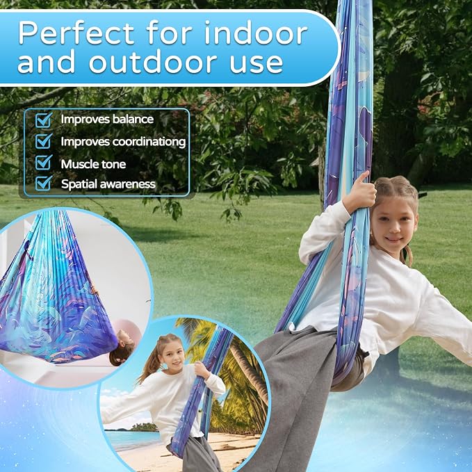 Sensory Swing for Kids and Adults Indoor & Outdoor Double Layer Therapy Cuddle Holds up to 300lbs Adjustable Hammock Chair with 360° Swivel Hanger Kit Effect for Aspergers Autism ADHD(Cerulean)