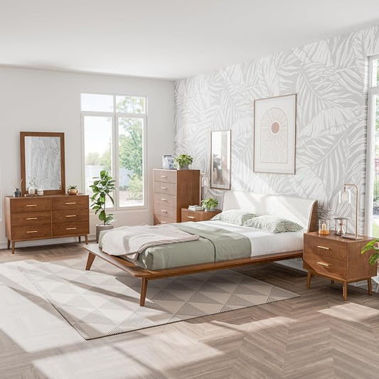 Furniture of America Wyatt Modern Solid Wood Bedroom Collection with Queen Bed Frame, Nightstands, Dresser with Mirror, Chest, No Box Spring Needed, Walnut, Boucle Wingback Low Profile, 6-Piece Set
