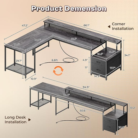 PRAISUN 66" L Shaped Gaming Desk with LED Lights & Power Outlets, Computer Desk with Fabric Drawers and Print Stand, Corner Office Desk, Monitor Stand, Mesh CPU Stand, Grey
