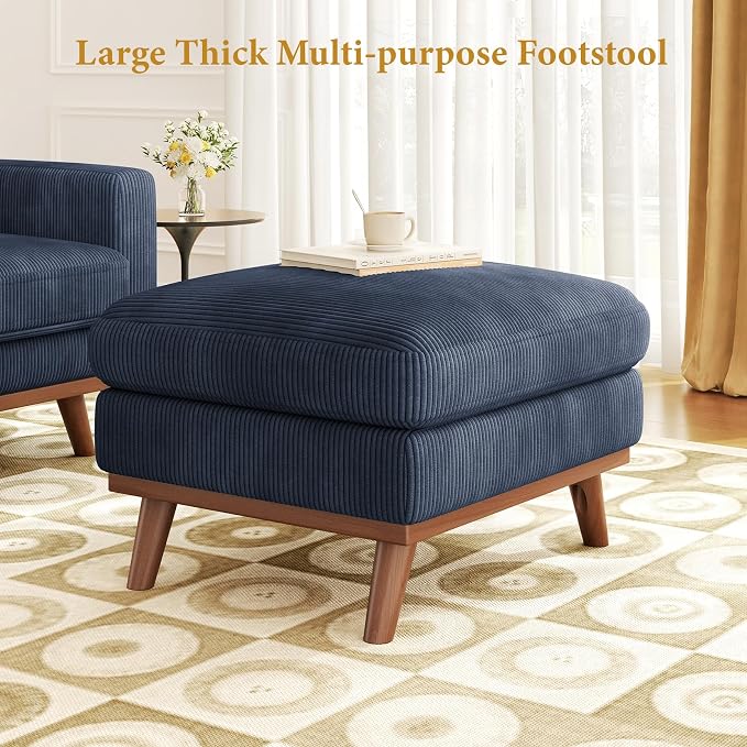 Vesgantti Large Ottoman for Modular Sofa, 29.5" Corduroy Ottoman with Spring Cushion, Rectangle Foot Rest for Couch, Entrance Footstool with Wood Legs, Footstool for Living Room, Bedroom, Dark Blue