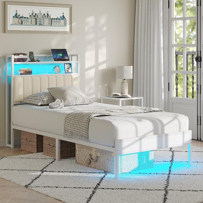 Twin Size Bed Frame with Upholstered Headboard and 2-Tier Storage Shelves | Metal / Charging Station / LED Lights / Under Bed Storage / Non-slip/ Noise Free / No Box Spring Needed / White