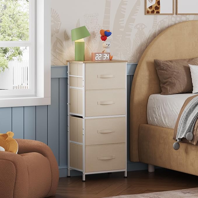 WLIVE Dresser with 4 Drawers, Storage Tower, Organizer Unit, Fabric Dresser for Bedroom, Hallway, Entryway, Closets, Sturdy Steel Frame, Wood Top, Easy Pull Handle, Cream White