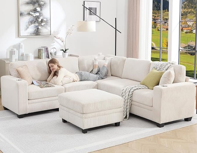97" Modular Sectional Sofa with Storage, Corduroy 6-Seater V-Shaped Sofa with Ottoman Chaise, Convertible L-Shaped U-Shaped Cloud Sectional Couches for Living Room, Apartment