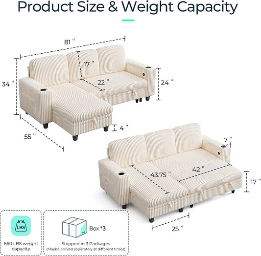 LINSY Home 81" Modular Sectional Couch with Pull Out Bed, L Shaped 3 Seats Sofa with Storage Chaise, Corduroy Convertible Sofa Bed, USB, Cup Holders, Side Pocket, Sleeper Sofa for Living Room, Beige