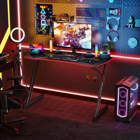 BestOffice 39" Gaming Desk Computer Gaming Desk Z Shaped Gaming Workstation Ergonomic Gaming Table with Headphone Hook for Game Players,Black&Red