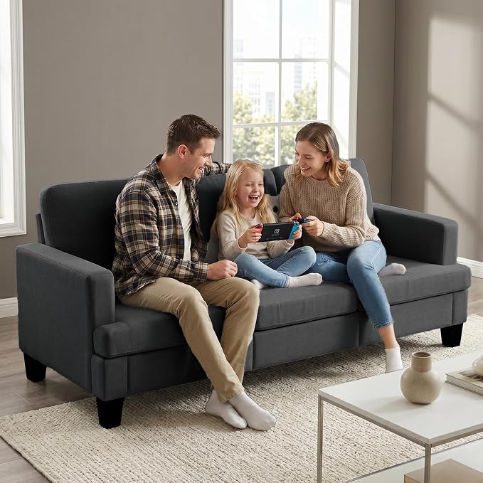 Modern 3 Seater Sofa for Living Room with Soft Deep Seats, Sofa 3 Seater in Linen, Upholstered Apartment Sofa with Armrests, Comfy Cozy Sofas for Bedroom (Linen, Dark Grey)