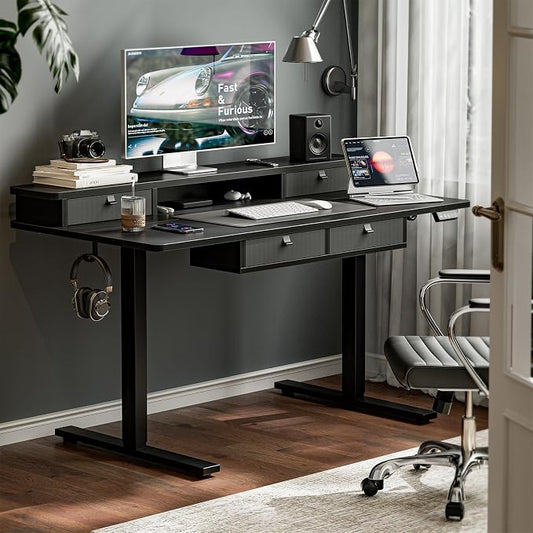 Grandder Electric Standing Desk with Four Drawers, Sit to Stand Up Height Adjustable Desk with Storage Shelf for Home Office, 55 * 28 Inch, Study, Ergonomic Adjustable Computer Desk, Black