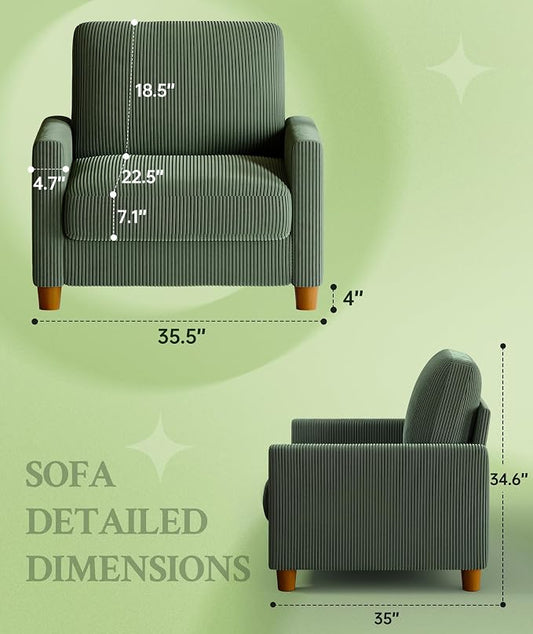 Welzona 35.3" Couches for Living Room, Comfy Green Couch Single with 22.5" Deeper Seat, Accent Chair Tool-Free Setup, Reading Chair 440lbs Support, Corduroy Couch for Bedroom, Apartment, Office