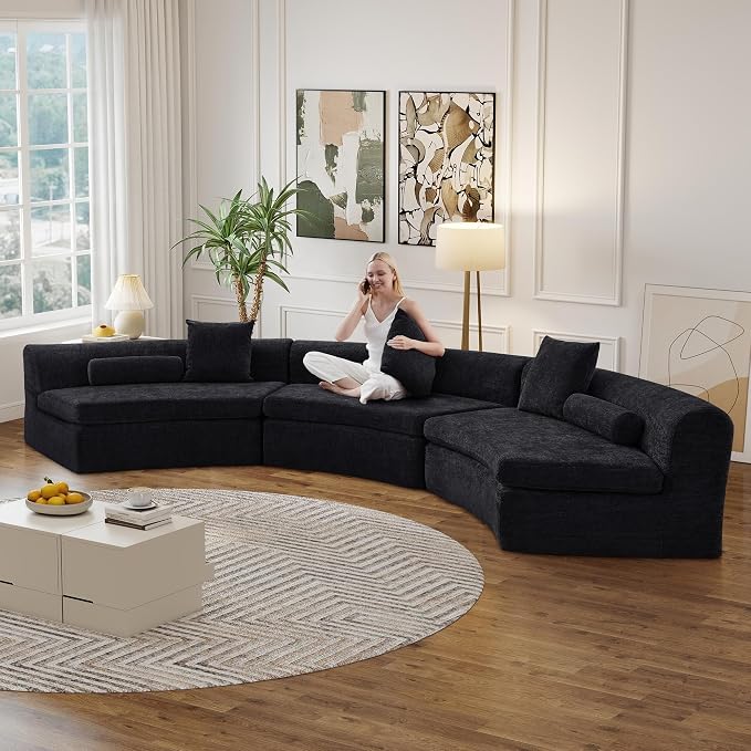 AVZEAR Curved Modular Sectional Sofa, Chenille Upholstered Cloud 3 Seater Couch for Living Room, No Assembly Modern Love Seat Sofa with 3 Bolster Pillows & 3 Square Pillows, High-Density Foam, Black