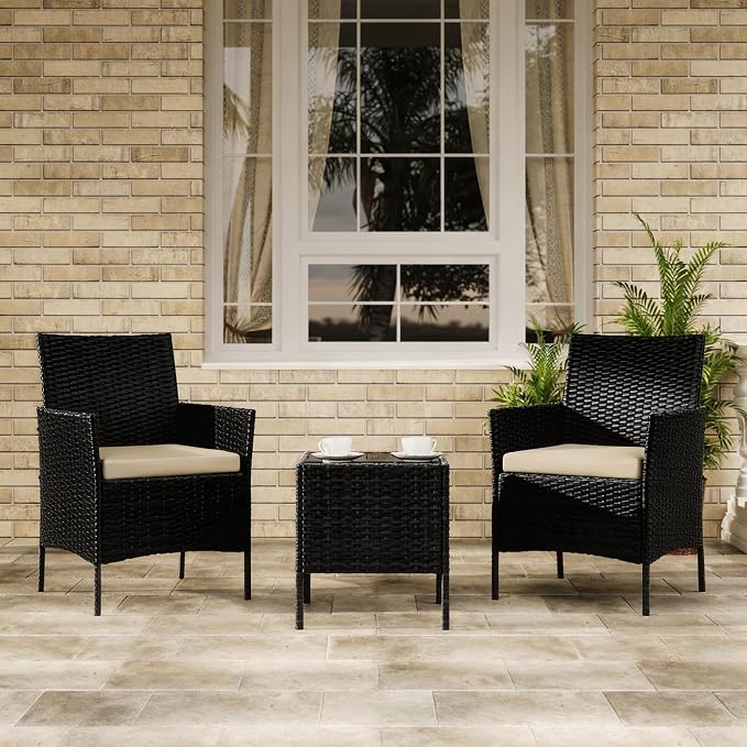 3-Piece Outdoor Furniture Set, PE Rattan Wicker Chairs with Soft Cushions & Tempered Glass Coffee Table - All-Weather Patio Set for Garden, Backyard, Porch, Poolside (Black/Beige)
