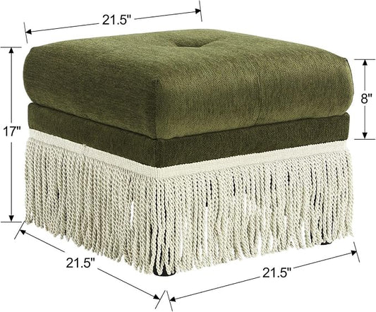 Hyfirm 22 Inch Square Green Ottoman with Fringe for Living Room, Plush Footstool Ottoman for for Bedroom, Modern Boho Upholstered Accent Pouf Ottomans Foot Rest