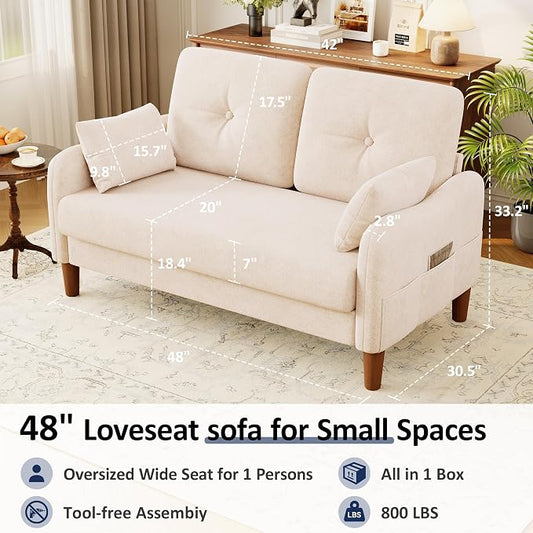Vipbear 48" Loveseat Sofa,Modern Small Couches for Small Spaces,Beige Chenille Love Seat Couch for Living Room,Bedroom,Apartment,Office,Deep Seat,Throw Pillow,Side Pockets,Curved Armrest