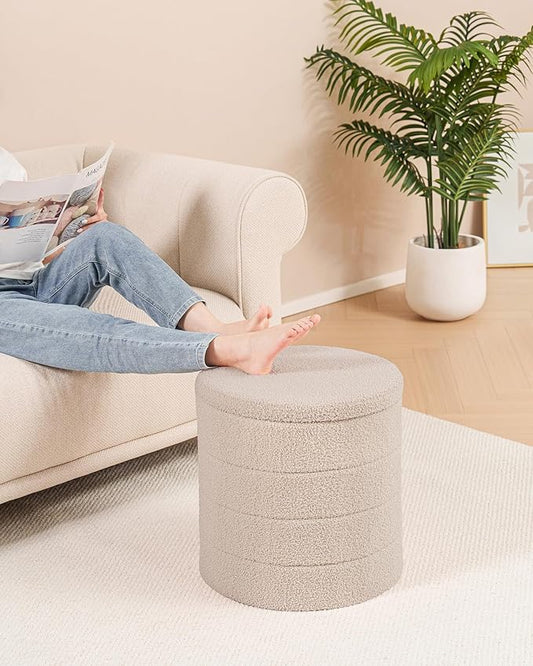 B FSOBEIIALEO Ottoman with Stroage, Round Sherpa Storage Ottoman Stool, Boucle Foot Rest 16.9"x16.9"x17.7"(Beige