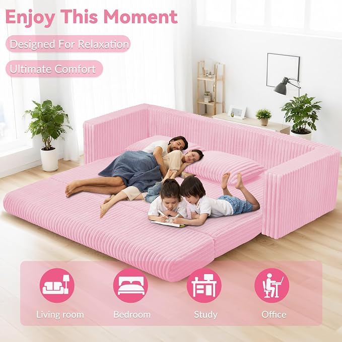 HABUTWAY 78" Loveseat Boneless Couch, 4-in-1 Convertible Sofa Bed, Plush Fur Folding Futon Sofa Bed Couches with 2 Pillows for Living Room, High-Density Foam Support, No Assembly Required, Pink