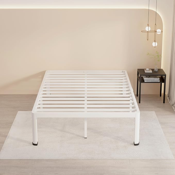 MAF 12 Inch Full Size Metal Platform Bed Frame White with Round Corner Legs, Mattress Slide Stopper, 3000 LBS Heavy Duty Steel Slats Support, Noise Free, No Box Spring Needed, Easy Assembly