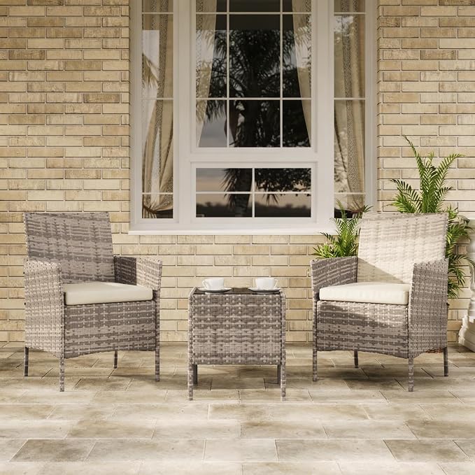 3-Piece Outdoor Furniture Set, PE Rattan Wicker Chairs with Soft Cushions & Tempered Glass Coffee Table - All-Weather Patio Set for Garden, Backyard, Porch, Poolside (Grey/Beige)