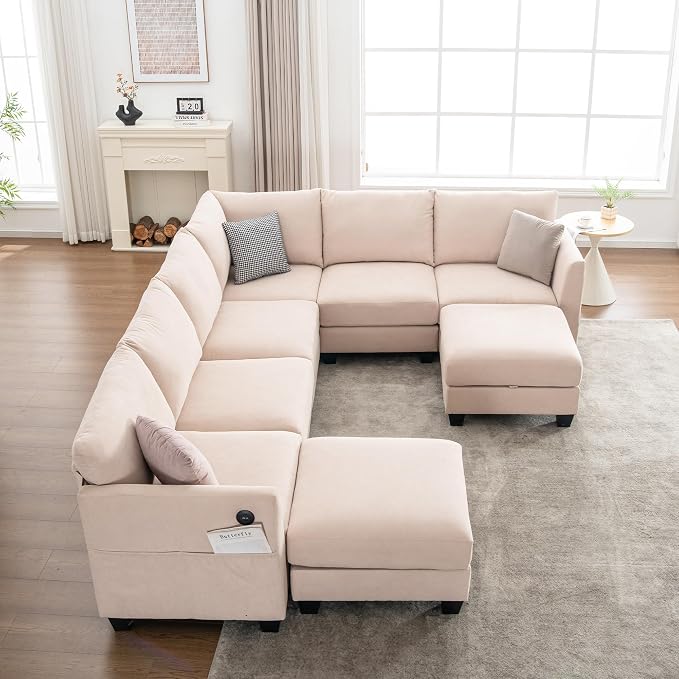 122.8" Large Sectional Couches for Living Room, 6 Seater L Shaped Modular Sectional Sofa with Two Storage Ottomans & USB, Oversized Corner Couch for Living Room(Beige)