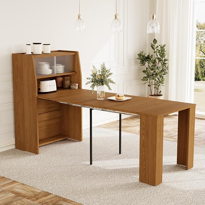 HIPIHOM 86.6" Extendable Dining Table for 4-6, MDF, Storage Cabinet | Retractable Console Table, Storage Cabinet for Kitchen or Dining Room, Ideal for Small Space, Apartment, Family Meal