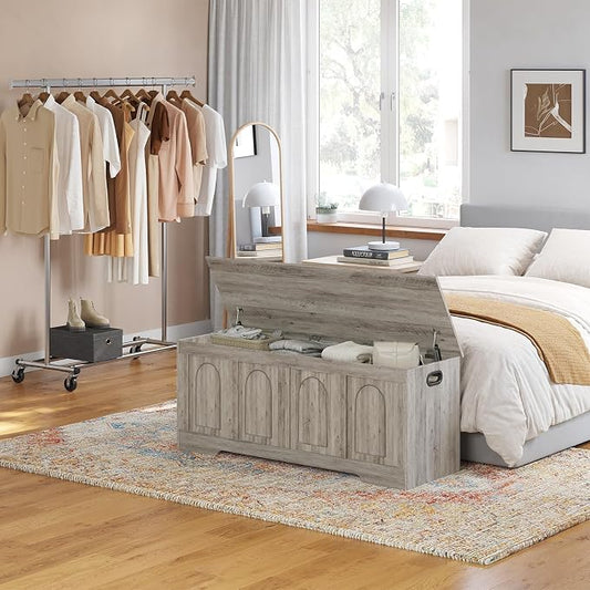 DINZI LVJ Storage Chest, 47.2" Rattan-Like Toy Box with 2 Safety Hinges, Wooden Entryway Storage Bench with Flip-Top, Large Trunk for Living Room, Bedroom, Easy Assembly, Gray Wash
