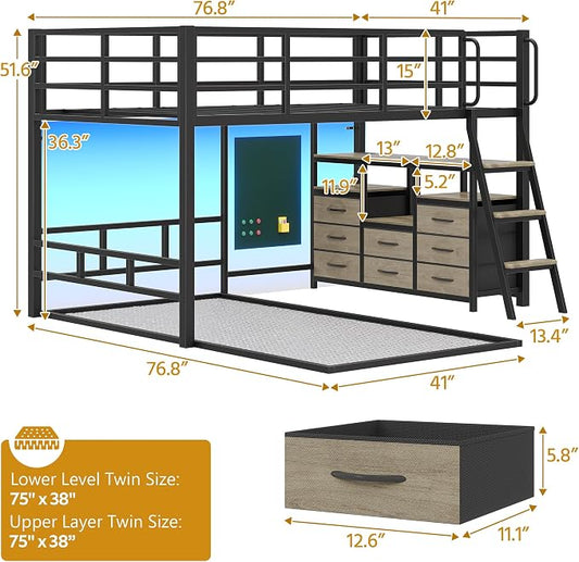 busyaeh Bunk Bed Twin Over Twin, 8 Drawer & 4 Shelve,15" H Safety Guardrail | Low Bunk Bed with LED Light,Metal L-Shaped Twin Bunk Bed with Charging Station,Floor Bunk Bed with Ladder,Bunk Bed,Oak Gray