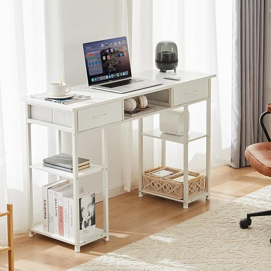 DUMOS 48" Small Computer Home Office Desk for Bedroom with Drawers, Gaming Writing Study Table with Storage Shelf, Adjustable Feet, Compact Desk for Gaming and Home Office Use, White