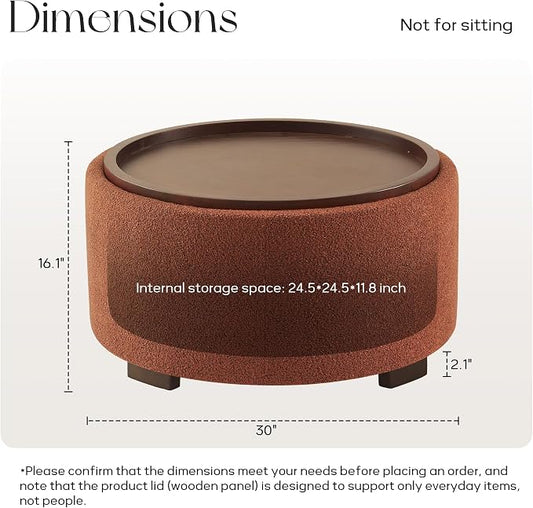 Zihanhome 30 Inch Round Storage Ottoman Coffee Table, Modern Boucle Ottoman with Lift-Off Lid and Solid Wood Legs for Living Room, Bedroom, Corners, Apartments (Orange)