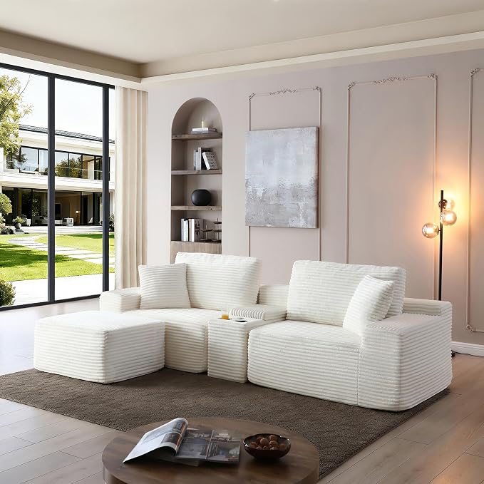 ivoros 111 Inch Modular Sectional Sofa Couch, Oversized Modern Cloud Couch for Living Room, L Shape Couches with Ottomans, USB Ports and Cup Holders, Beige Corduroy Boneless Sofas, Sofa in a Box