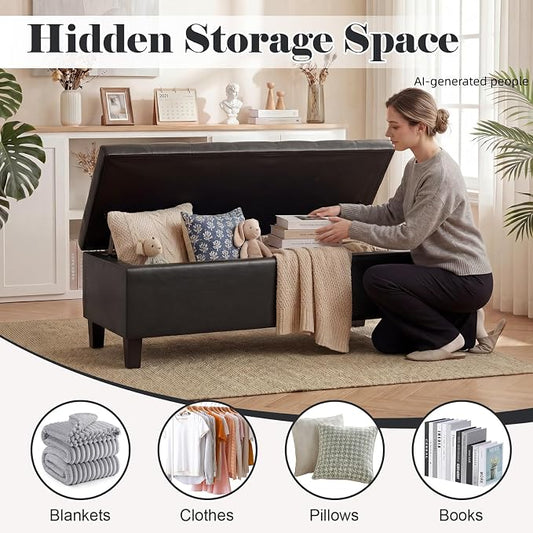 Asense 45" Storage Ottoman Bench,Faux Leather Upholstered Ottoman with Legs,Tufted Ottoman with Safety Hinge,Storage Bench for Bedroom,Living Room,Entryway,Black