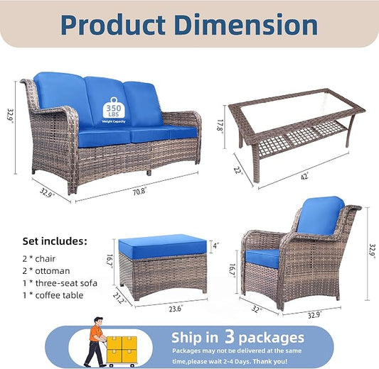 6 Piece Outdoor Patio Furniture Set, High Back Chairs with Extra Thick Cushions, Outdoor Sectional Sofa Sets with Coffee Table & Ottomans for Porch Balcony Deck Yard, Blue