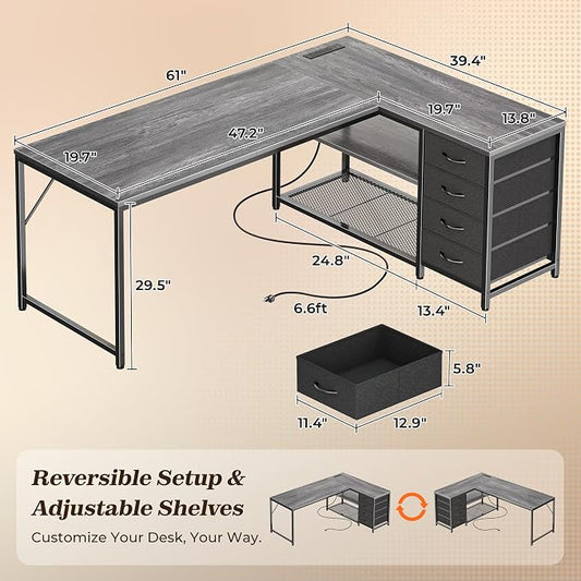 PRAISUN 53" L Shaped Desk with Power Outlets & USB-C Port, Reversible Computer Corner Office Desk with 4 Fabric Drawers and 2 Storage Shelves, Large Desk for Gaming Writing Work Study, Grey