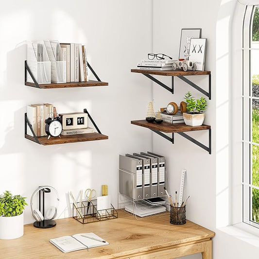 Heimlove Deep Floating Shelves for Wall, Wood Wall, Wide Floating Bookshelf for Living Room, Kitchen, Office, Bedroom and Decor Storage,Rustic Brown with Metal Bracket, 16wx12dx5.8h, 4Shelves