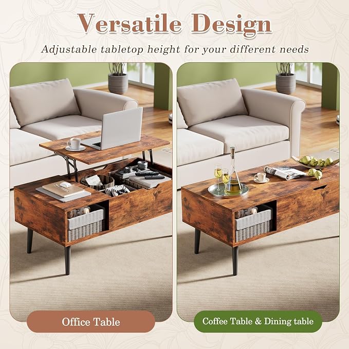 OLIXIS Wood Coffee Table Lift Top Coffee Tables for Living Room Office, Small Rising Wooden Center Tables with Large Storage Shelf and Hidden Compartment, Rust Brown