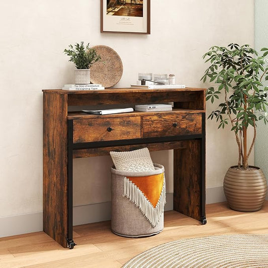 Giantex Small Computer Desk with Hutch & Drawers, Extendable Writing Desk w/Pull Out Secondary Table, Monitor Stand & Rolling Wheels, Console Table, Compact Desk for Small Spaces (Rustic Brown)