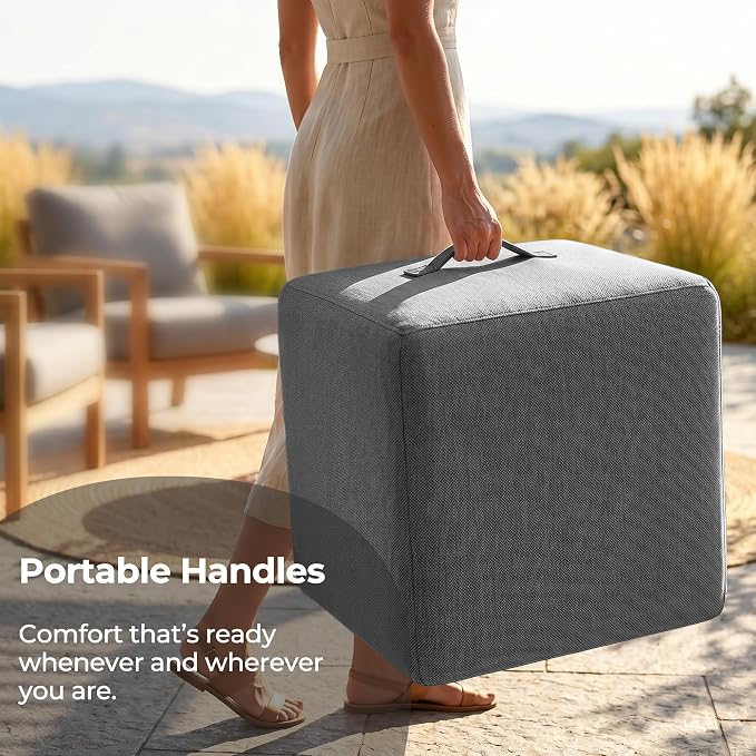 Living&Giving Square Outdoor Ottoman Pouf, 24 Inch Waterproof Patio Ottoman Foot Rest with Solid High-Density Foam, Comfy Boneless Footstool for Outside Couch & Seating, Dark Gray