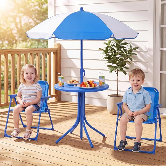 Costzon Kids Picnic Table, Kids Outdoor Table with 2 Folding Chairs, Height Adjustable Umbrella, Portable Children Outdoor Furniture for Patio, Garden, Backyard (Blue Ocean)