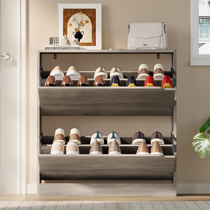 BORNOON Shoe Cabinet with 2 Flip Drawers, Slim Narrow Shoe Storage Cabinet, Freestanding Shoe Organizer with Adjustable & Removable Shelves, Top Display Shelf for Entryway, Hallway, Foyer, Closet