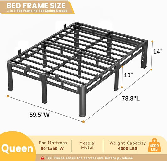 14 Inch Queen Bed Frame Heavy Duty, Metal Double Layer Steel 4000 lbs Capacity, Platform with Large Under Bed Storage Space, No Box Spring Needed, Noise-Free, Easy Assembly