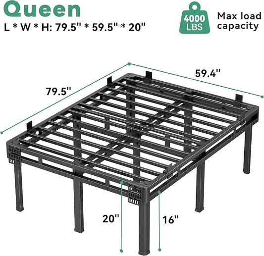 Superay Queen Bed Frame, 20 inch Metal Bed Frame & Box Spring 2 in 1 Platform with Rounded Legs, Double Layer Bed Frame with Matress Gasket & headboard Adapter, Support Up to 4000lbs