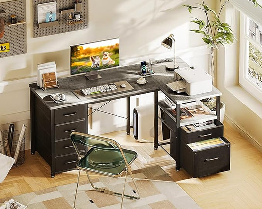 Coleshome L Shaped Computer Desk with 6 Drawers & Power Outlet, 55 Inch Corner Desk with Reversible Storage Shelf & File Drawer, Home Office Desk, Grey Oak