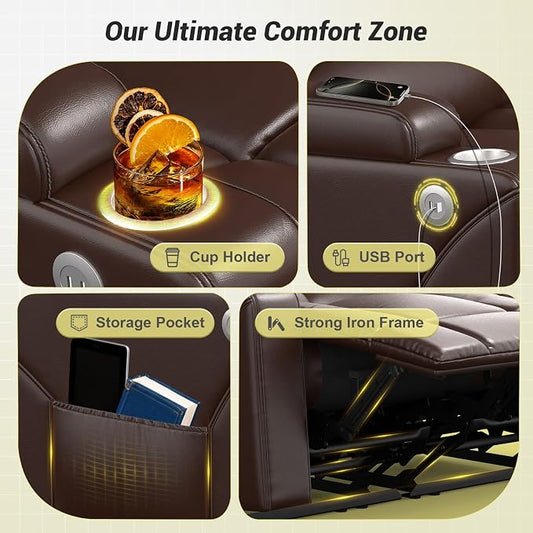 RV Loveseat Recliner Sofa, 3 Seater Reclining Sofa with Flip Back Console, Modern Reclining Couch with USB Ports, Cup Holders, Insert Pockets, RV Recliners for Travel Trailers & Living Room