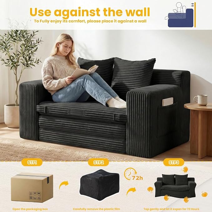 Boneless Couch,Boneless Loveseat Sleeper Sofa Bed – 3-in-1 Convertible Couch Bed with Side Pockets & Handle,Pull Out Corduroy Futon for Small Space,Living Room & Bedroom,2 Pillows Included,No Assembly