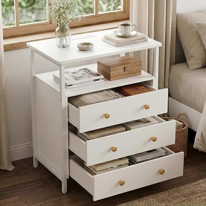 Edbuosy 3 Wooden Drawers Night Stand, 27 Inch Wide Nightstand with Charging Station and Adjustable Drawers, Small Dresser for Closet, Bedside Table for Living Room/Bedroom/Office, White