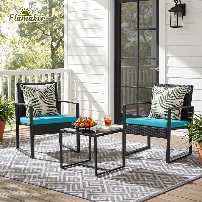 Flamaker Patio Set Outdoor Wicker Furniture, Modern Bistro Set with Rattan Chair and Coffee Table for Yard (Blue)
