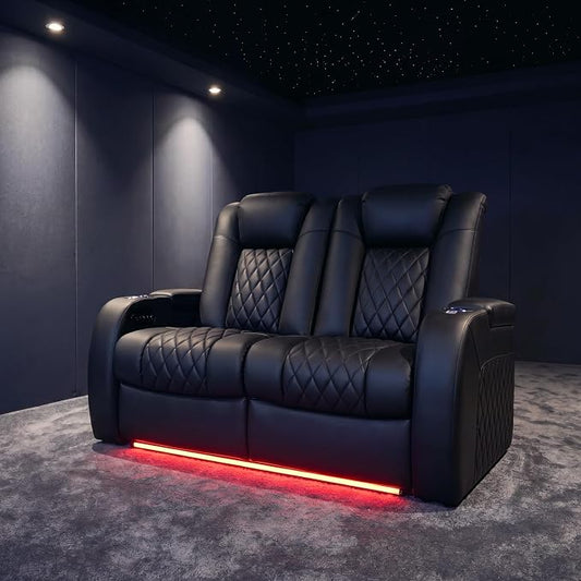 Weilianda Home Theater Seating Top Grain Leather Zero Gravity Recliner Chair Power Headrest Recline Movie Seat Gaming 7 Colors Mood Light Sofa with Tray Table USB Charge Row of 2 Loveseat Black