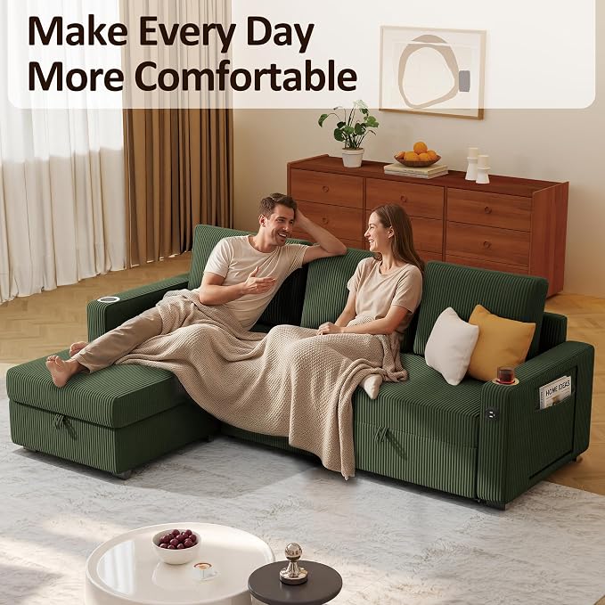 Ball & Cast 80" Sectional Sleeper Sofa Bed Pull Out Couches for Living Room | L Shaped Convertible Pull Out Sofa Bed with Storage Chaise, Foldable Table, USB Port, Cup Holder, Side Pocket for Small Space